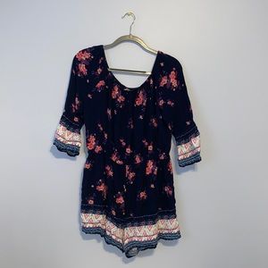 Floral Long Sleeve Pink & Navy Blue Romper